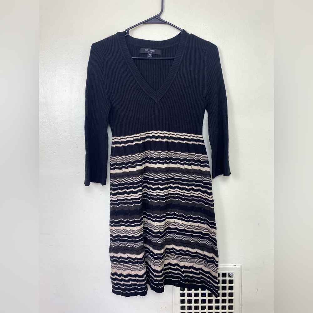 Nine West Black Striped‎ V Neck Ribbed Sweater Dress PM